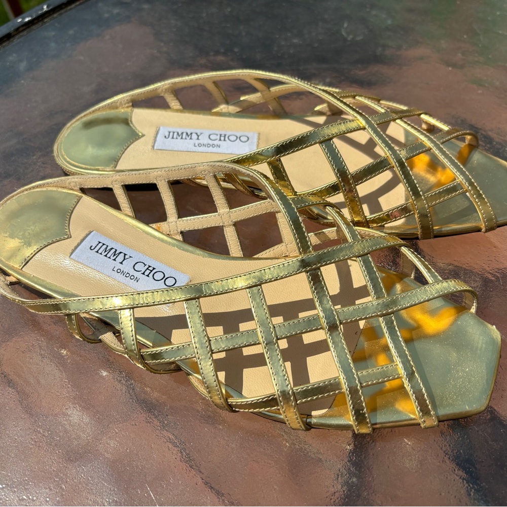 Jimmy Choo Sai Flat Gold Mirror Leather Sandals Women’s Size 7 EU 37